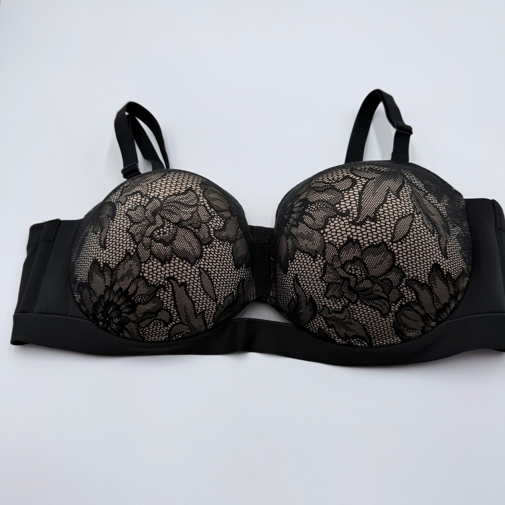 Cacique Comfort Bliss Strapless Bra 44DD Black Floral Lace Underwire 1138736